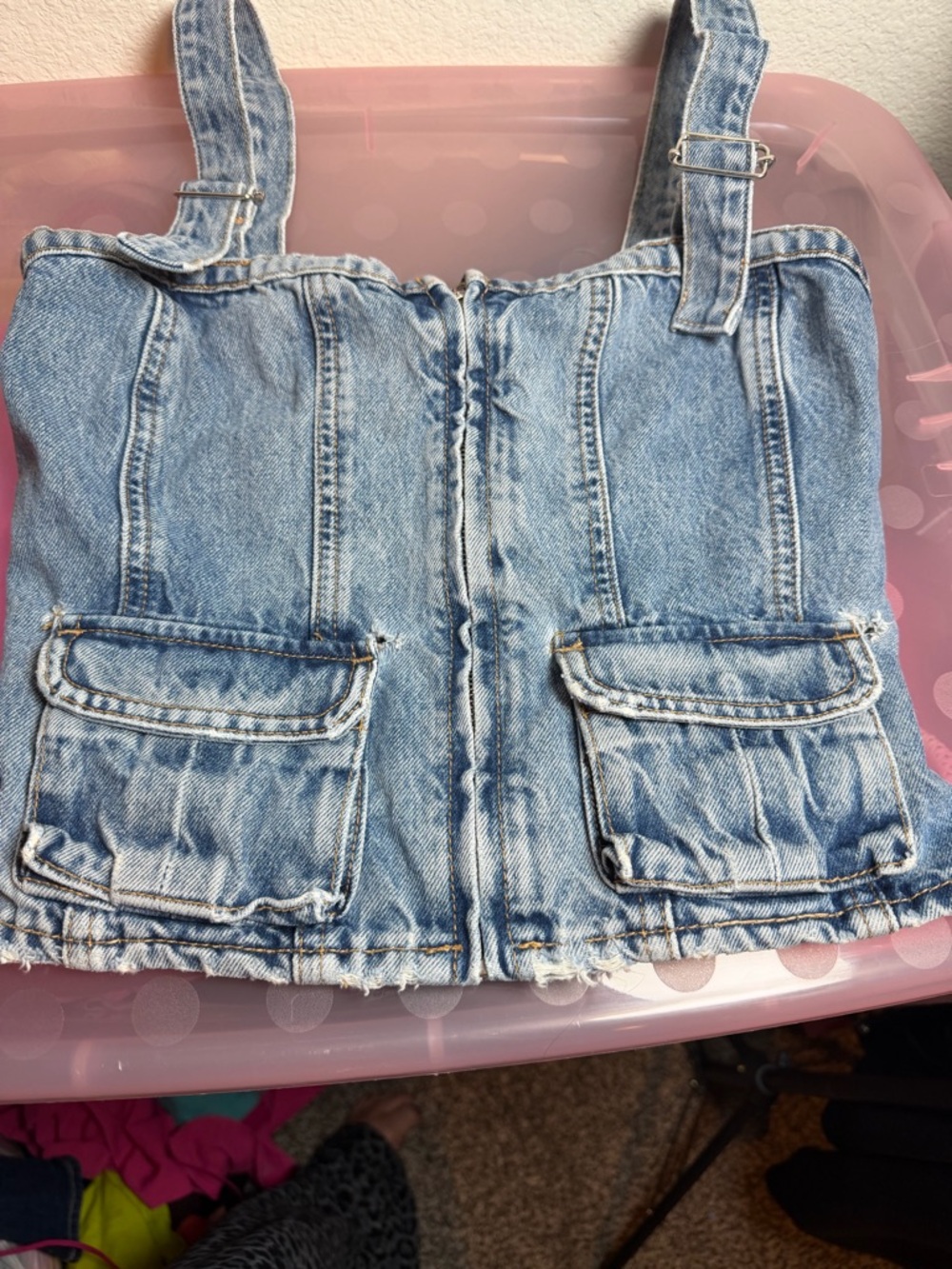 Zara Light Blue Washed Denim Top with Contrast Stitching - Picture 4 of 7